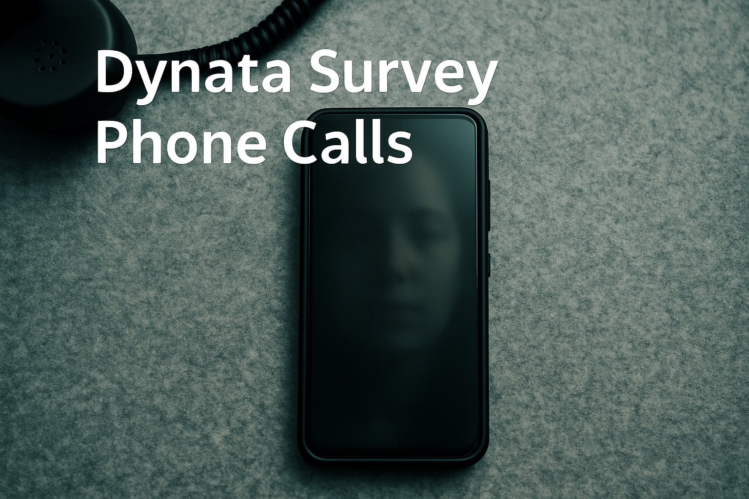 Phone on a textured surface with a shadowed face reflection, for dynata survey phone calls.