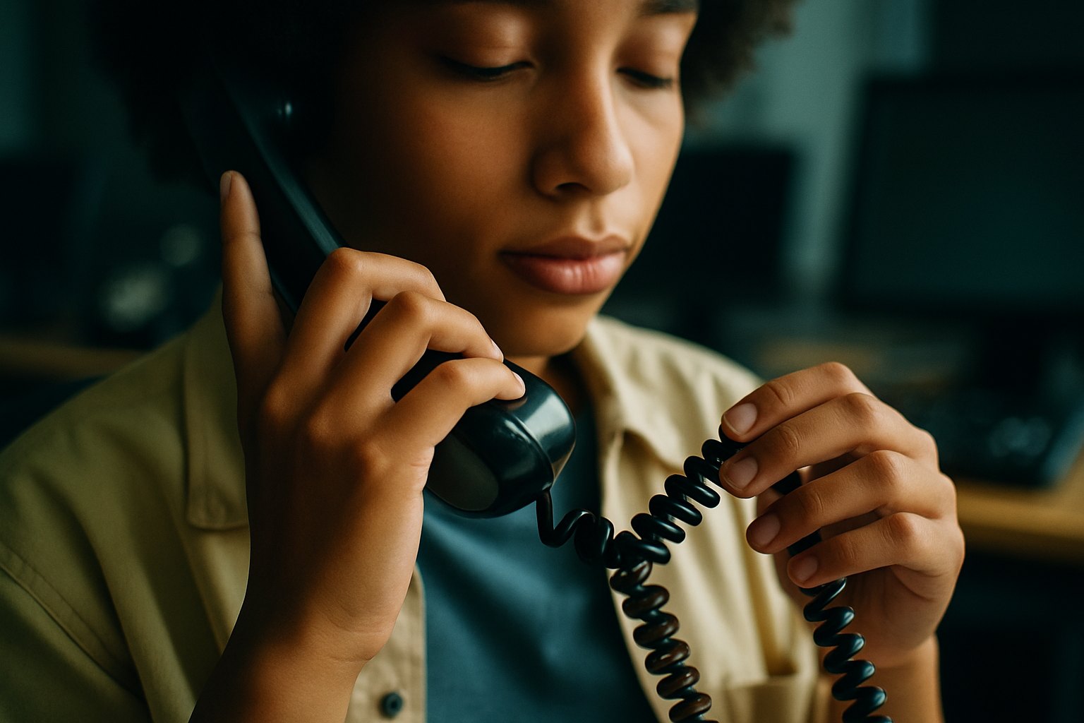 Dynata Survey Phone Calls 1 A person is holding a landline phone to their ear while sitting at a desk.