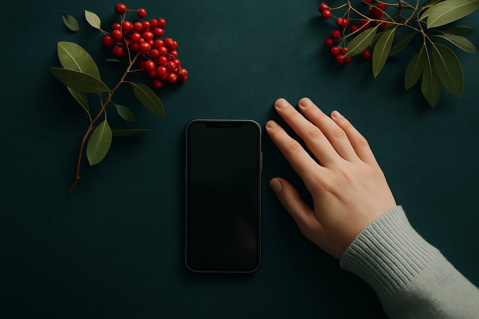Dynata Survey Phone Calls 2 A hand holding a smartphone with a green background and red berries on the sides.