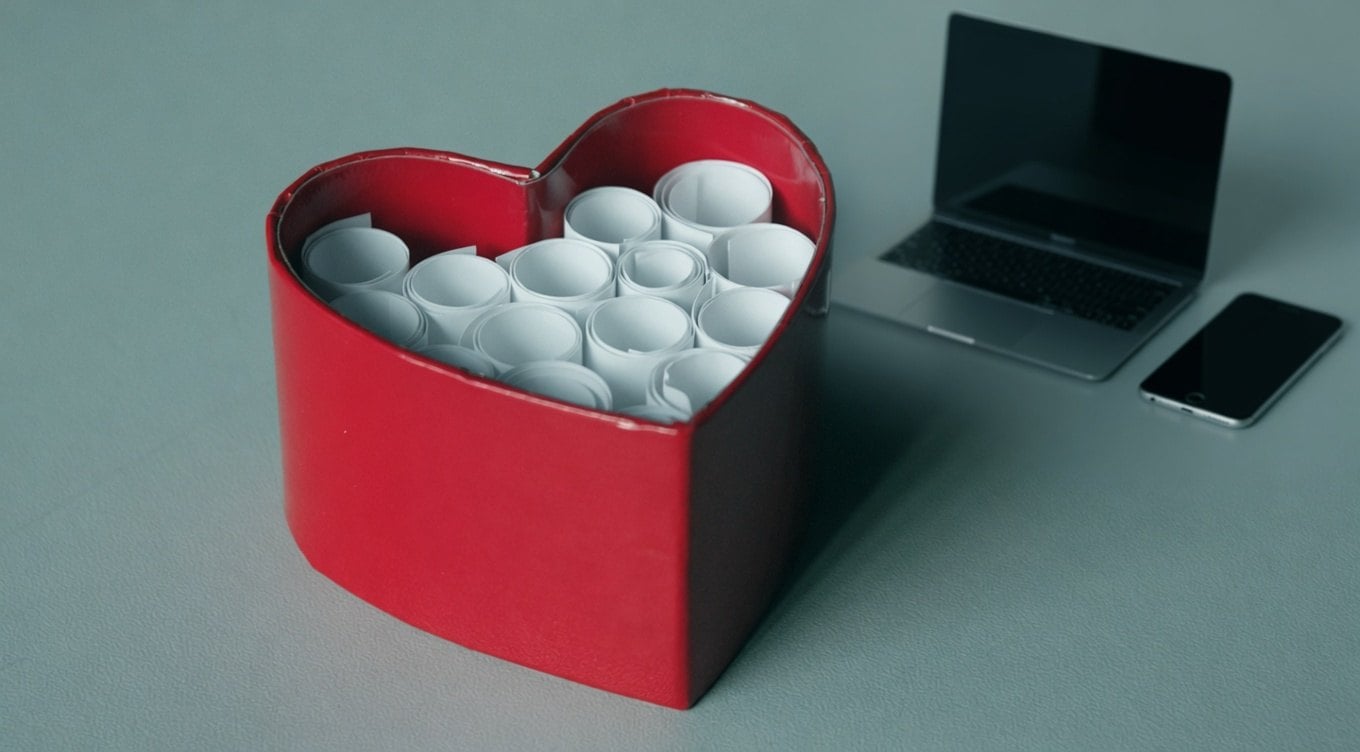 A red heart-shaped box filled with white paper rolls, next to a laptop and a smartphone on a grey surface.