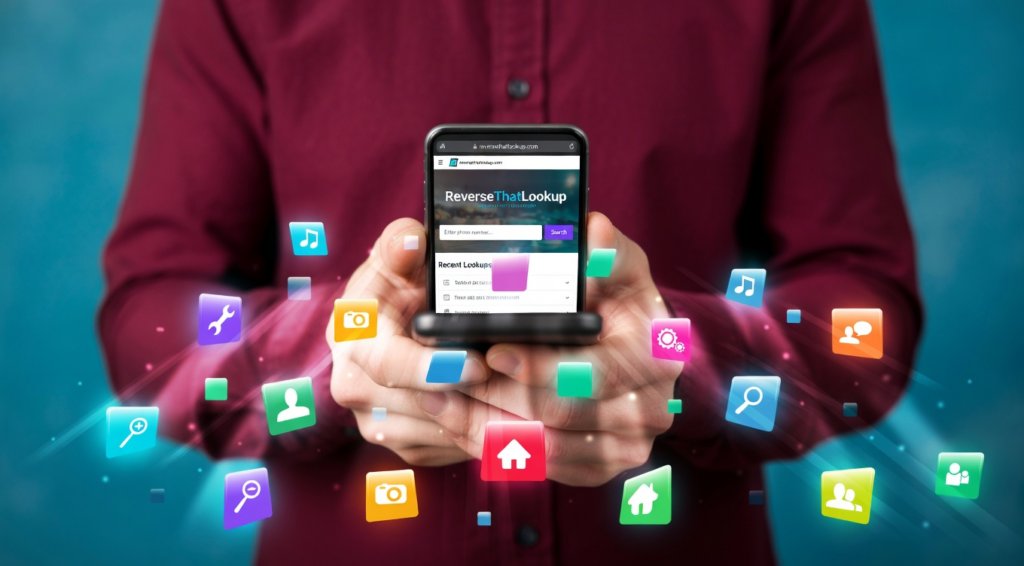 Person holding a smartphone with floating app icons, illustrating how to delete digital footprint.