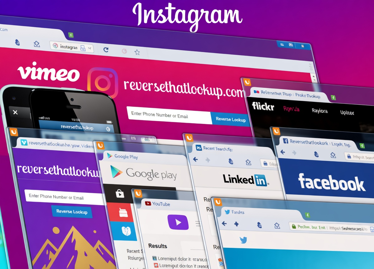 How to Check and Reduce Your Digital Footprint 1 A collage of social media platforms including Instagram, Vimeo, Reversethatlookup.com, Flickr, Google.