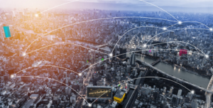 City skyline with network lines linking buildings, for best reverse address lookup
