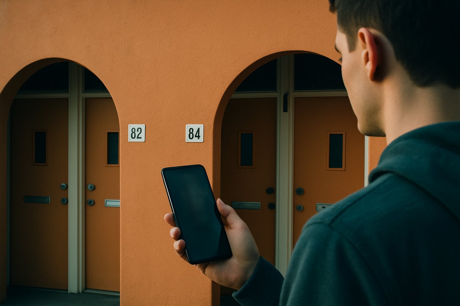 Best Reverse Address Lookup Sites 1 A man in a hoodie holding a phone in front of a building with doors numbered 82 and 84