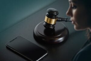 Gavel, smartphone, and a person in profile for how to see if someone is on hinge.