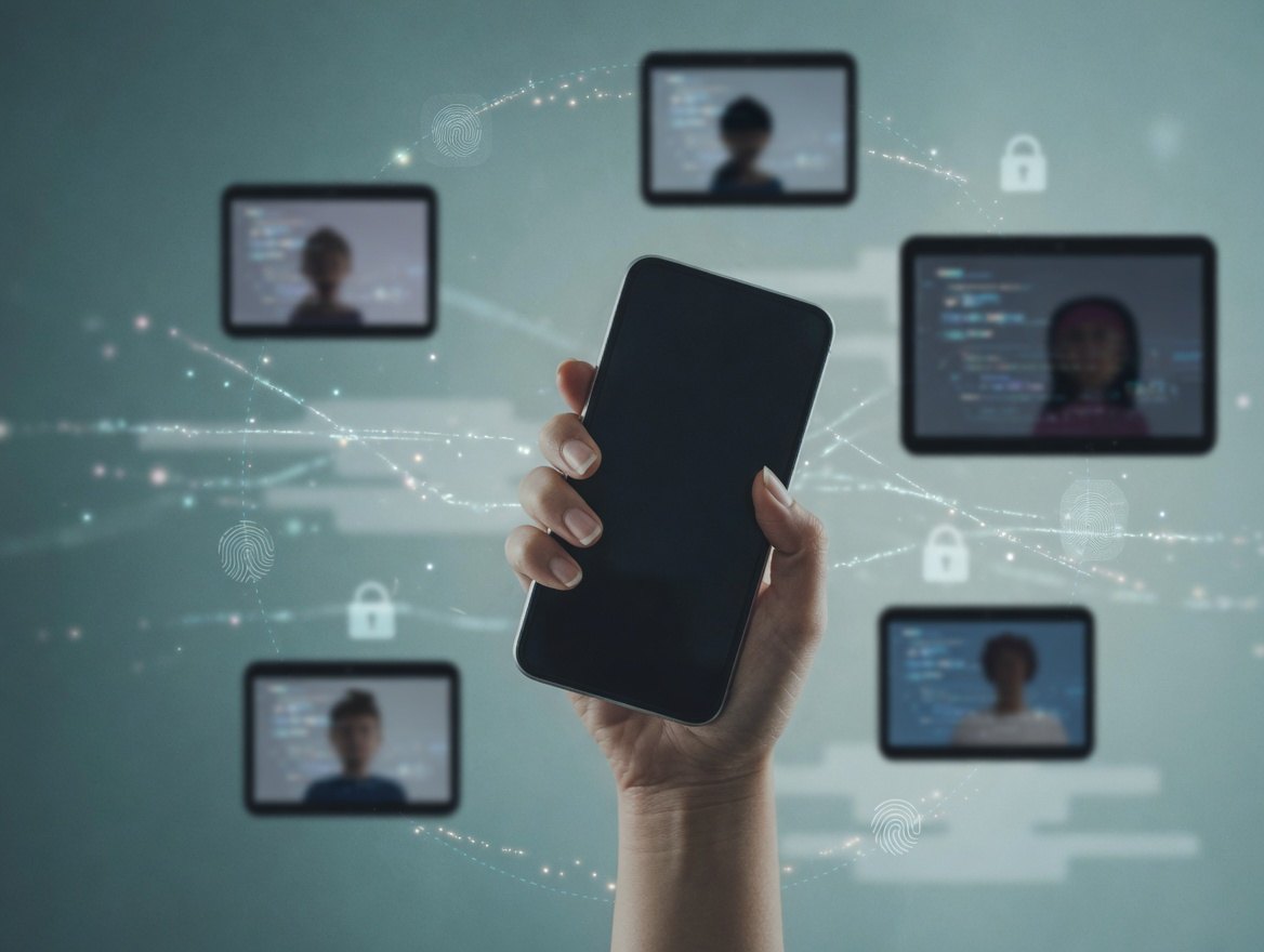 A hand holding a smartphone with a blurred background of multiple screens and lock icons.