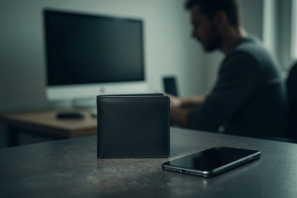 Wallet and smartphone on a desk with a man blurred in the background, background check your boyfriend.