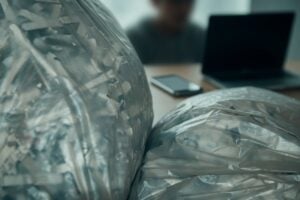 A person at a desk with a laptop and phone beside bags of shredded documents, staying alert to fake Spectrum representatives