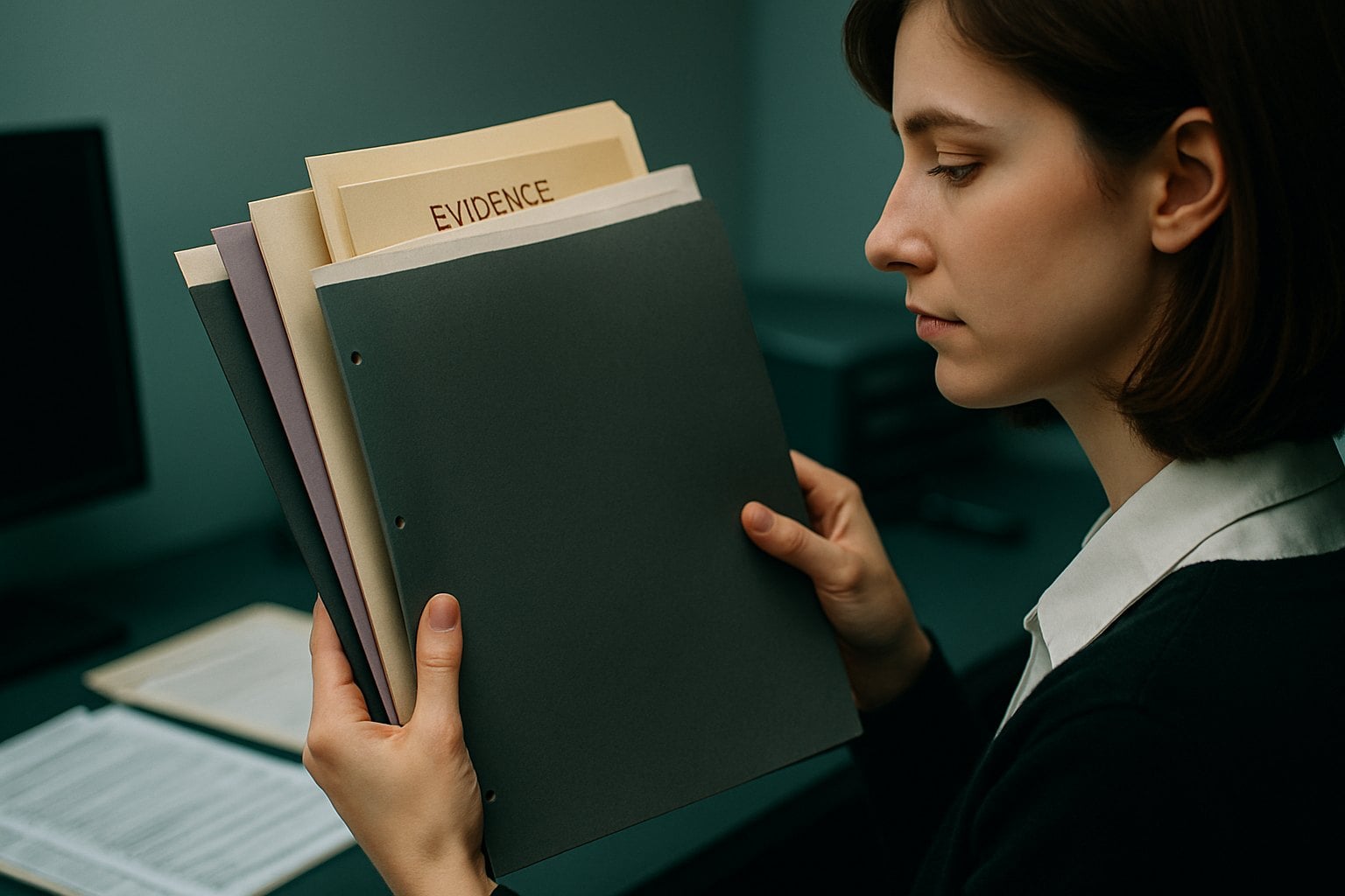 Identity Theft Victim Assistance Guide 1 A woman holding a stack of folders with 'EVIDENCE' written on the top one