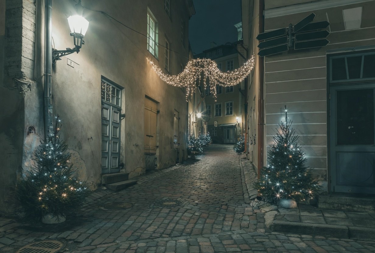Current Address Lookup Guide 2 A cobblestone street at night with Christmas decorations and a lit street lamp.