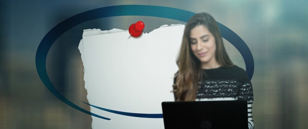 Woman at a laptop beside a blank note graphic, use linkedin to find address context.