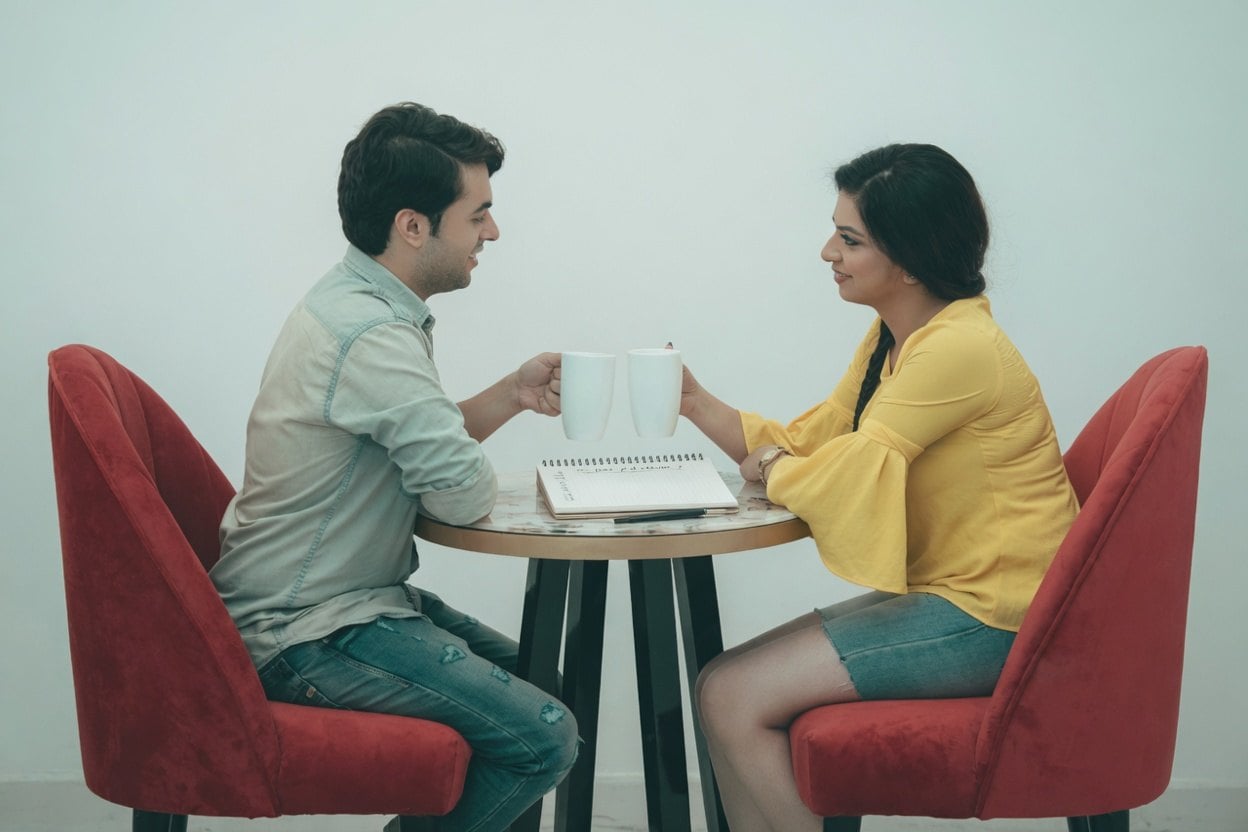 Funny First Date Questions 2 A man and woman sitting at a small table, holding cups and smiling at each other