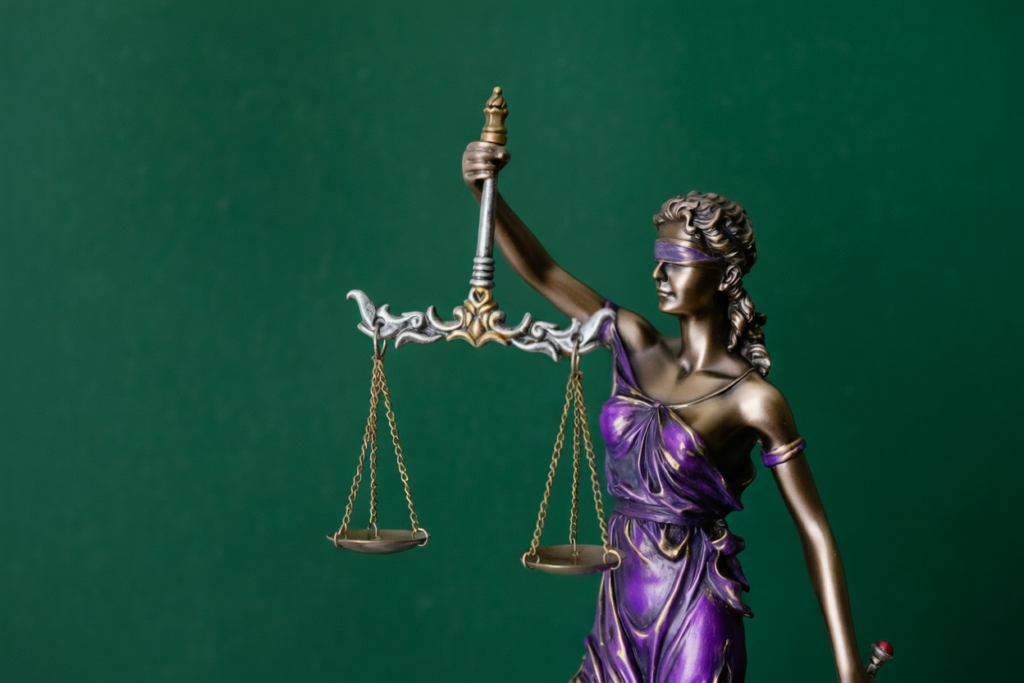 Blindfolded statue of Lady Justice, illustrating signs of a scammer.
