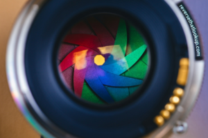 Camera lens close-up with colorful aperture blades, like a smoke alarm hidden camera.