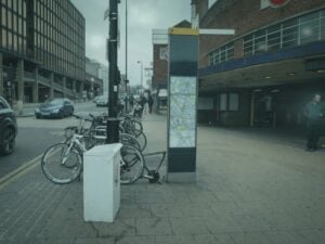 Street with bicycles near a map kiosk, for airbnb address lookup before booking.