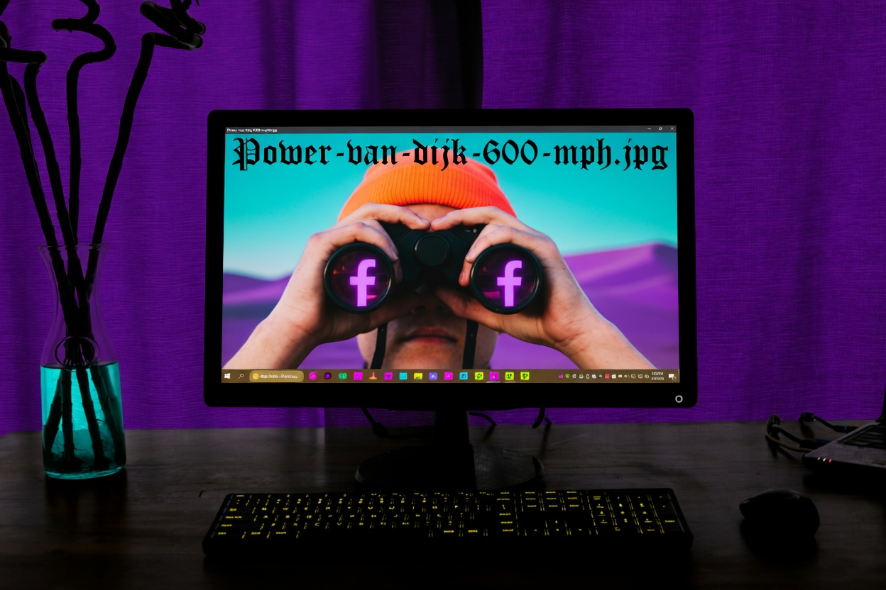 How to Tell If Someone Blocked You on Facebook 1 A computer monitor displaying a photo of a person using binoculars with the text 'Power-van-dik-600-mph.jpg'.