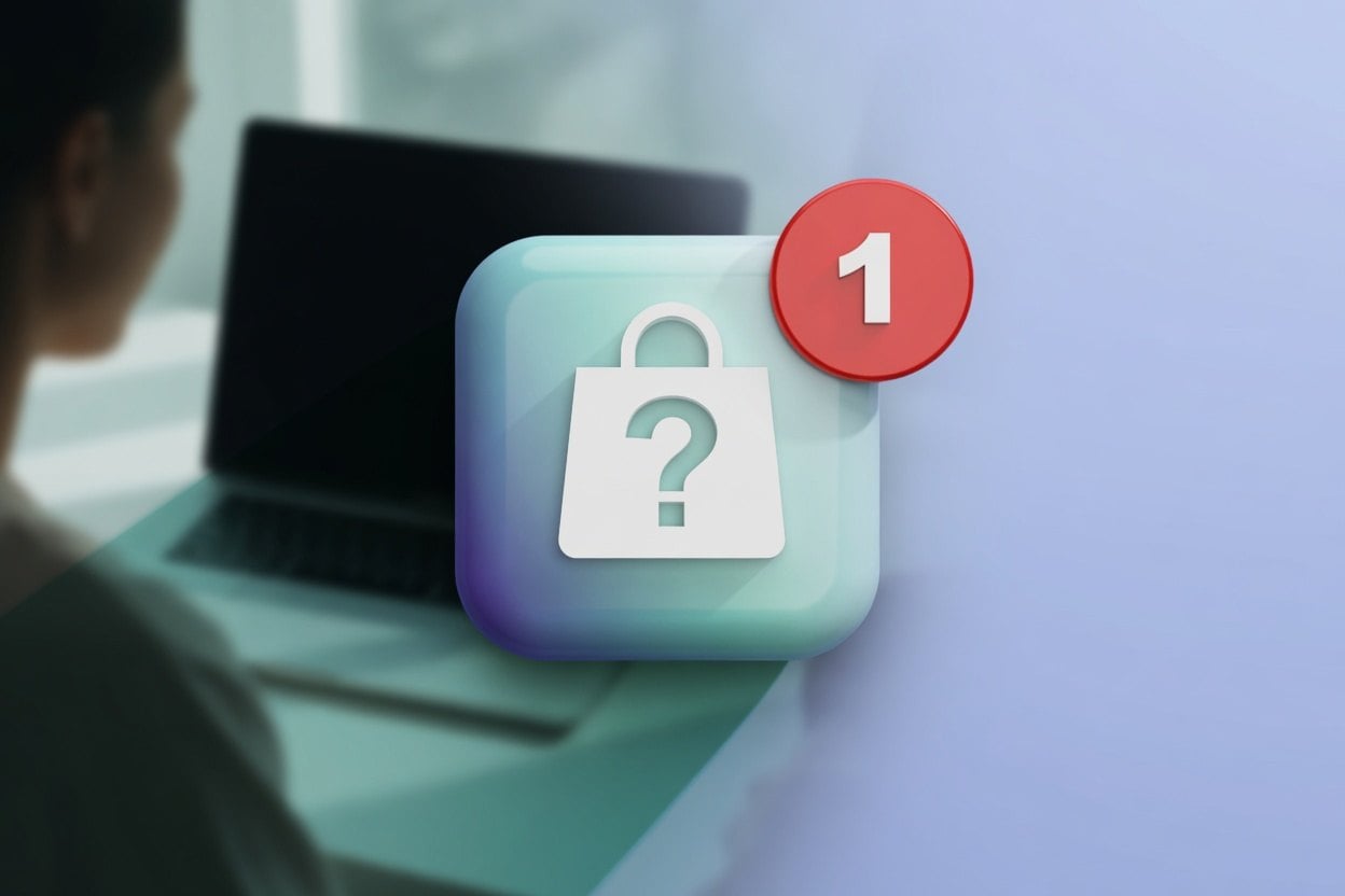 A person working on a laptop with a shopping bag icon and a red notification badge showing the number.