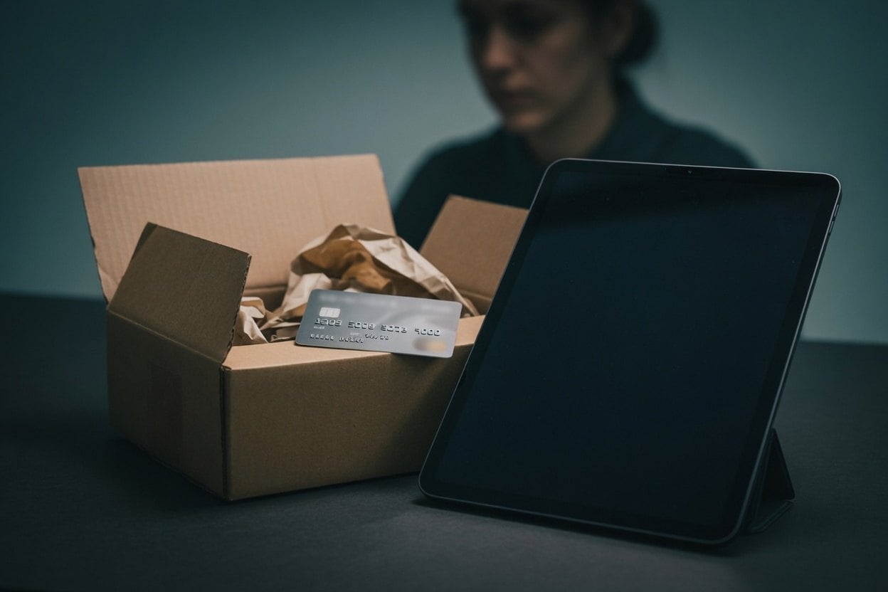 A woman sits behind a table with a tablet and a box of items, including a credit card