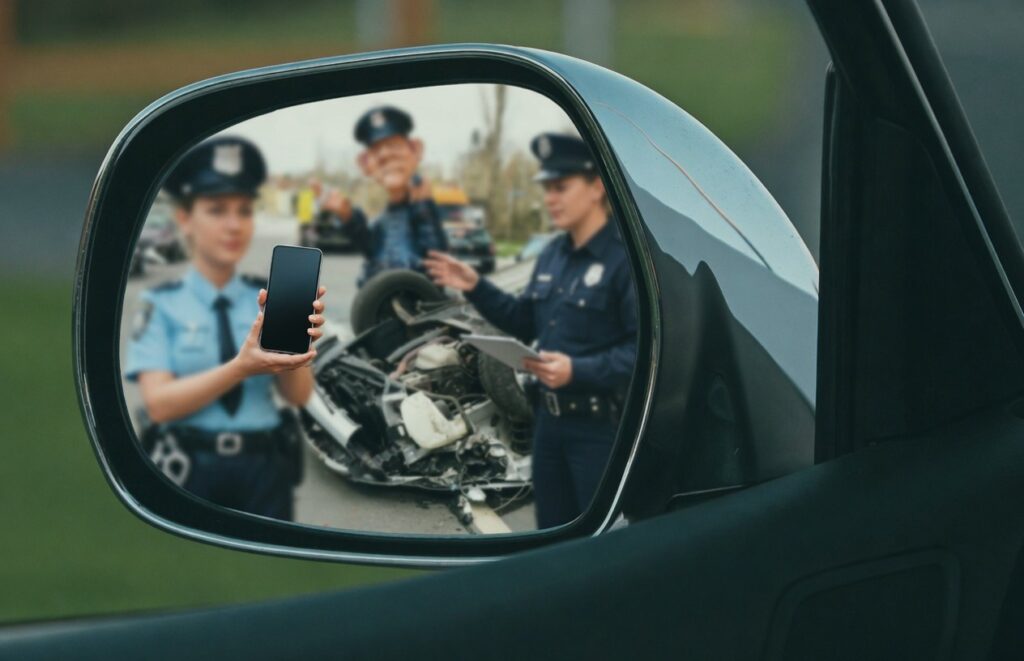 Police officers near a wrecked car in a mirror, reverse address search for safety.