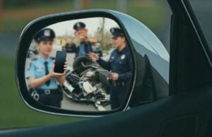 Police officers near a wrecked car in a mirror, reverse address search for safety.