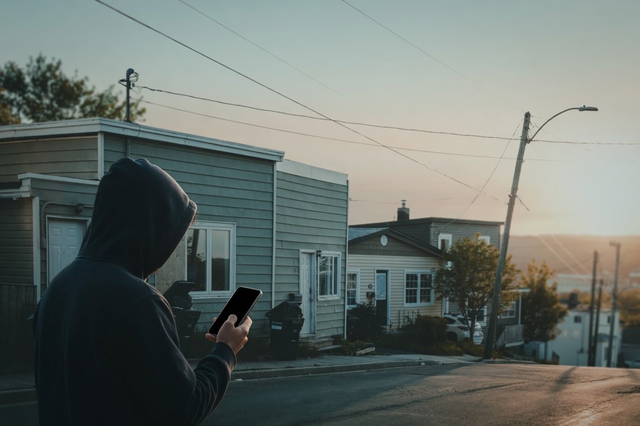 A person in a hoodie holding a phone on a street with houses and trees.