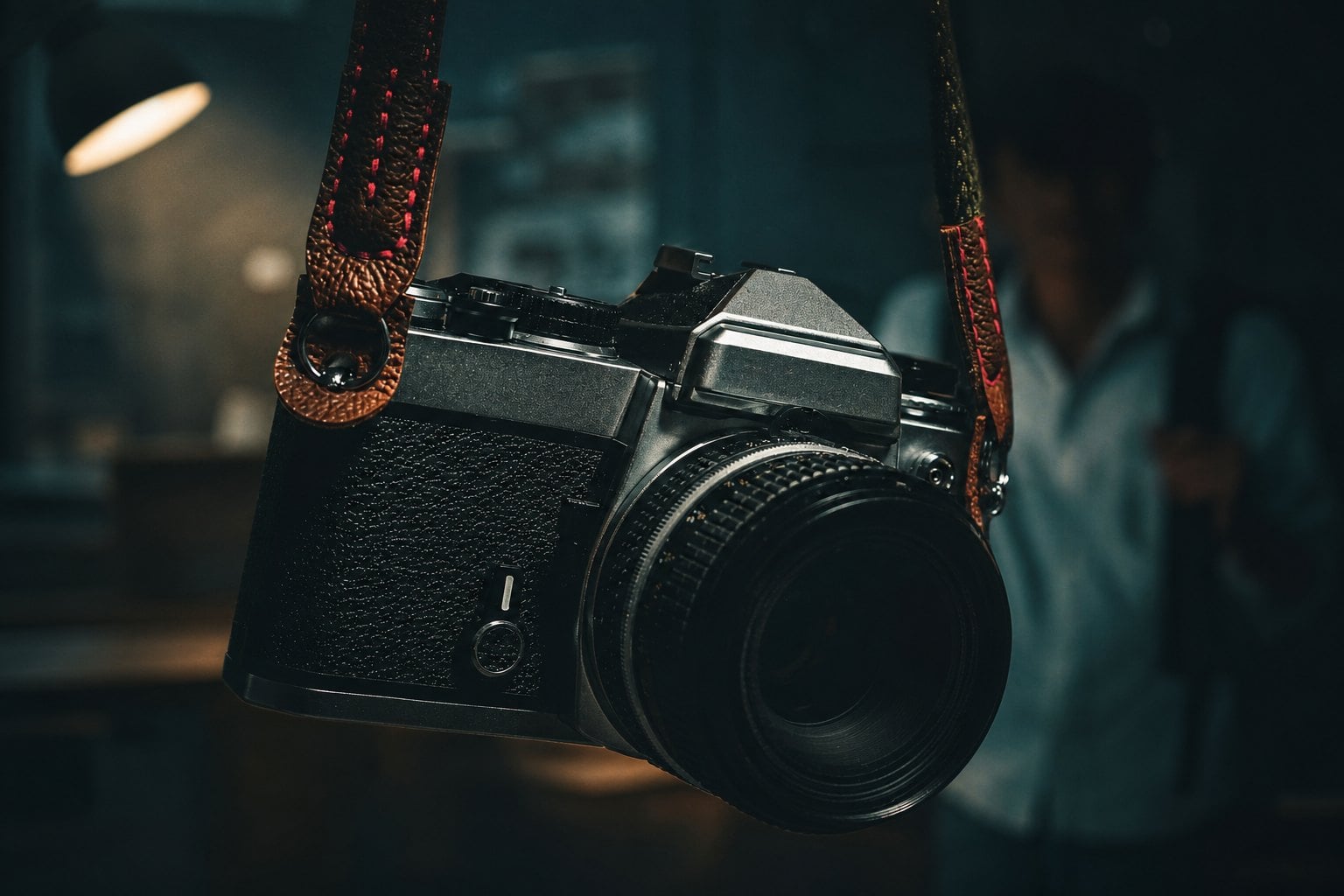 How To Detect Hidden Cameras In Any Room 1 A vintage Pentax camera with a leather strap is suspended in mid-air, surrounded by a dark background.