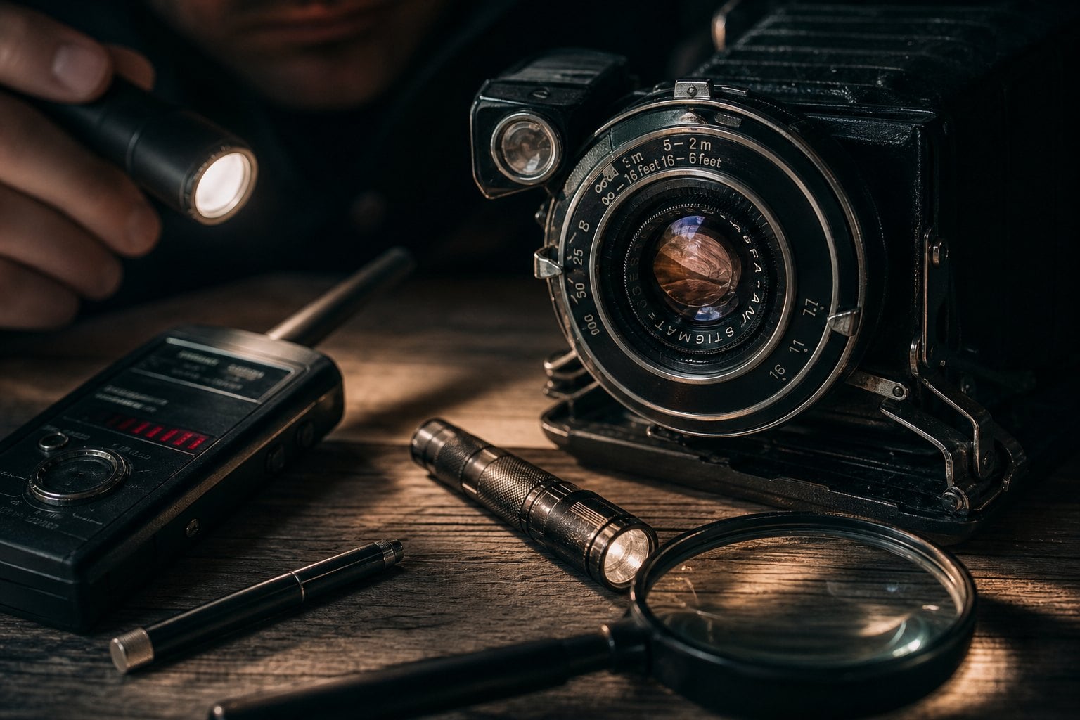 How To Detect Hidden Cameras In Any Room 2 A person is holding a flashlight and pointing it at a Pentax P30 camera, which is resting on a wooden surface with a gre