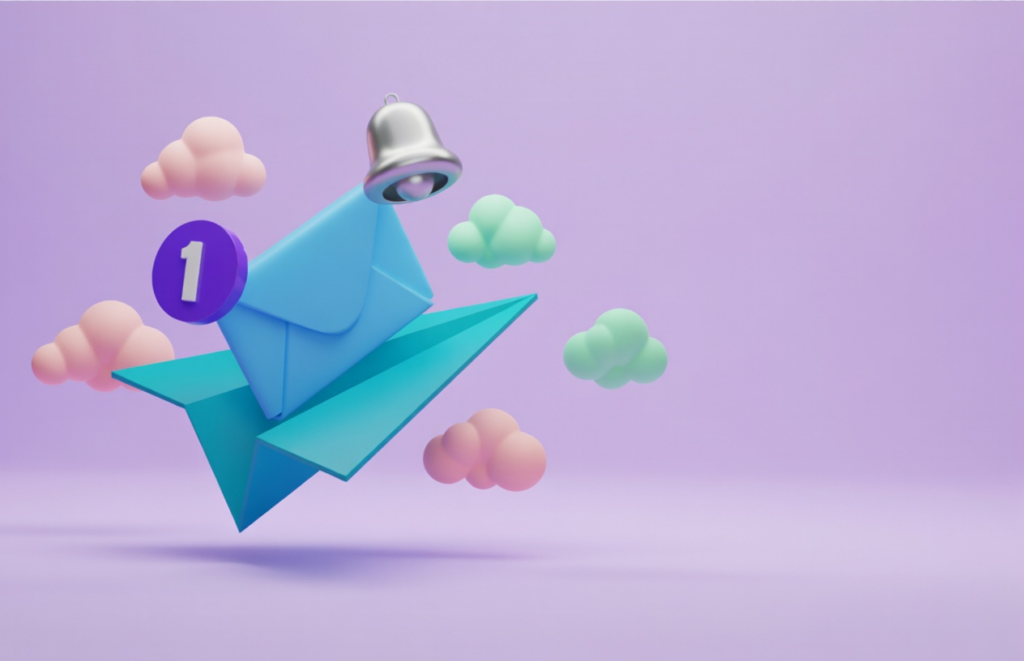 Illustration of a paper airplane with bell and number one for google reverse email search.