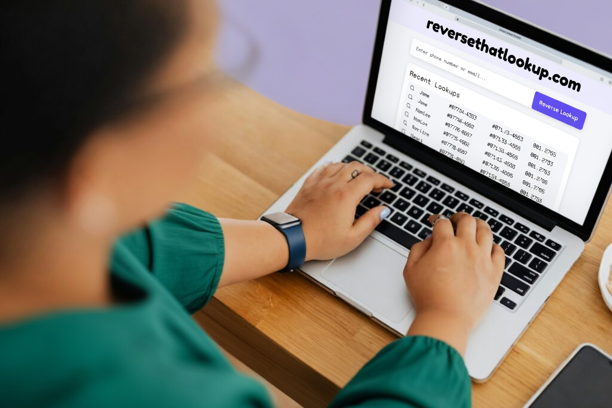 Google Reverse Email Search 1 A person typing on a laptop with a website open that says 'reversethatlookup.com'