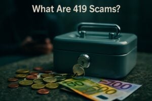 A small safe with a keyhole and a key, surrounded by coins and bills. The text reads 'What are 419 scams?'