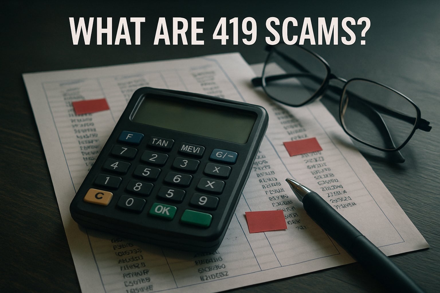 A calculator, glasses, and a piece of paper with red sticky notes on it. The text reads 'What are 419 scams?'