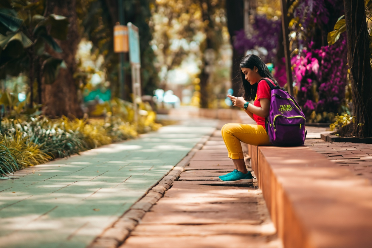 How to Find Someone on WhatsApp 2 A woman sits on a bench, engrossed in her phone, surrounded by lush greenery