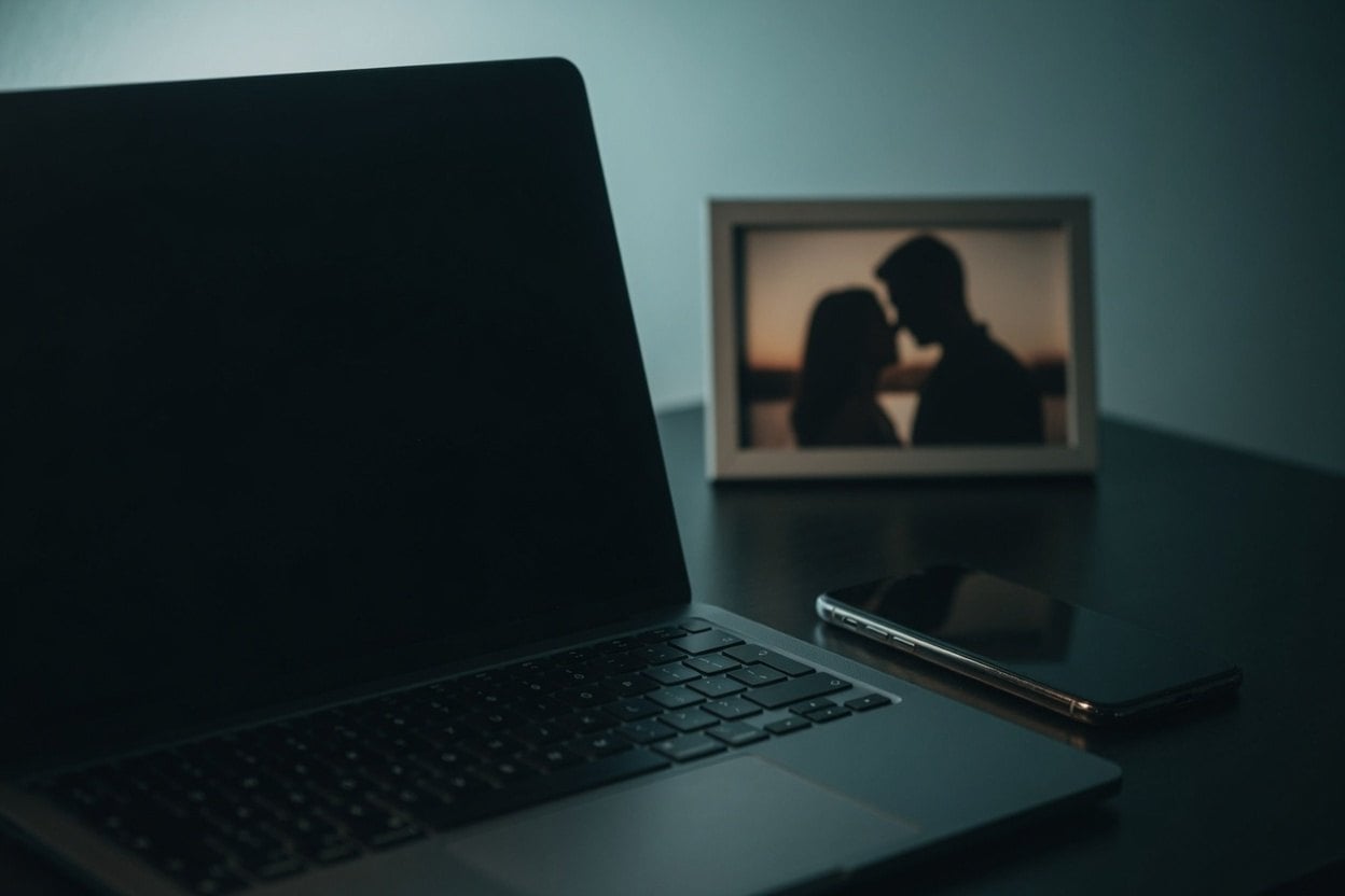 A laptop, phone, and photo frame on a desk