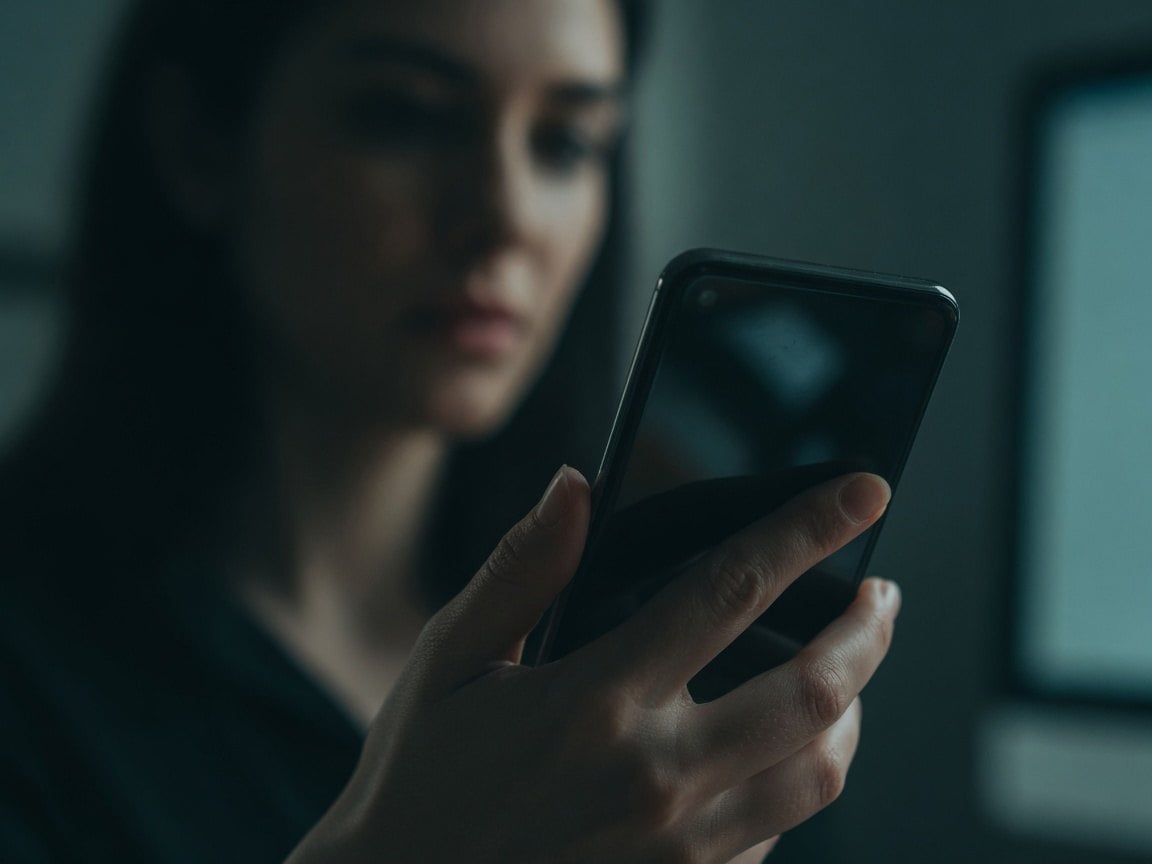 A woman looking at her phone in a dimly lit room