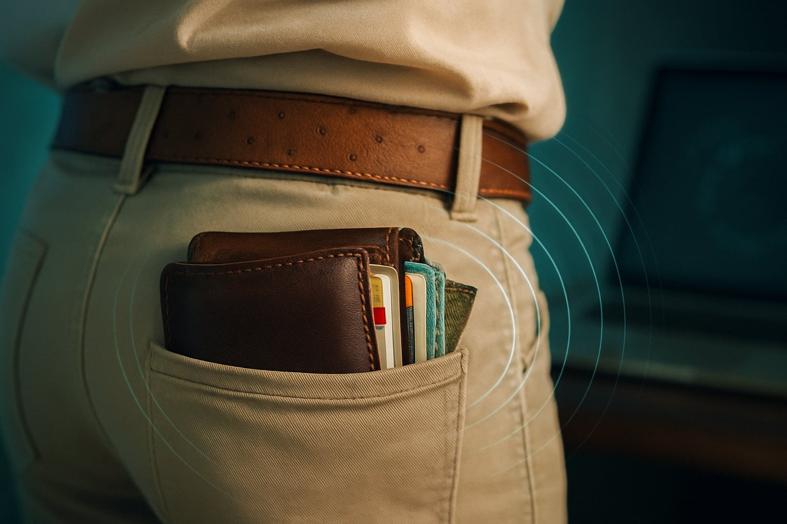 How RFID Blocking Works To Protect Cards 1 A person's back pocket with a brown wallet and credit cards.