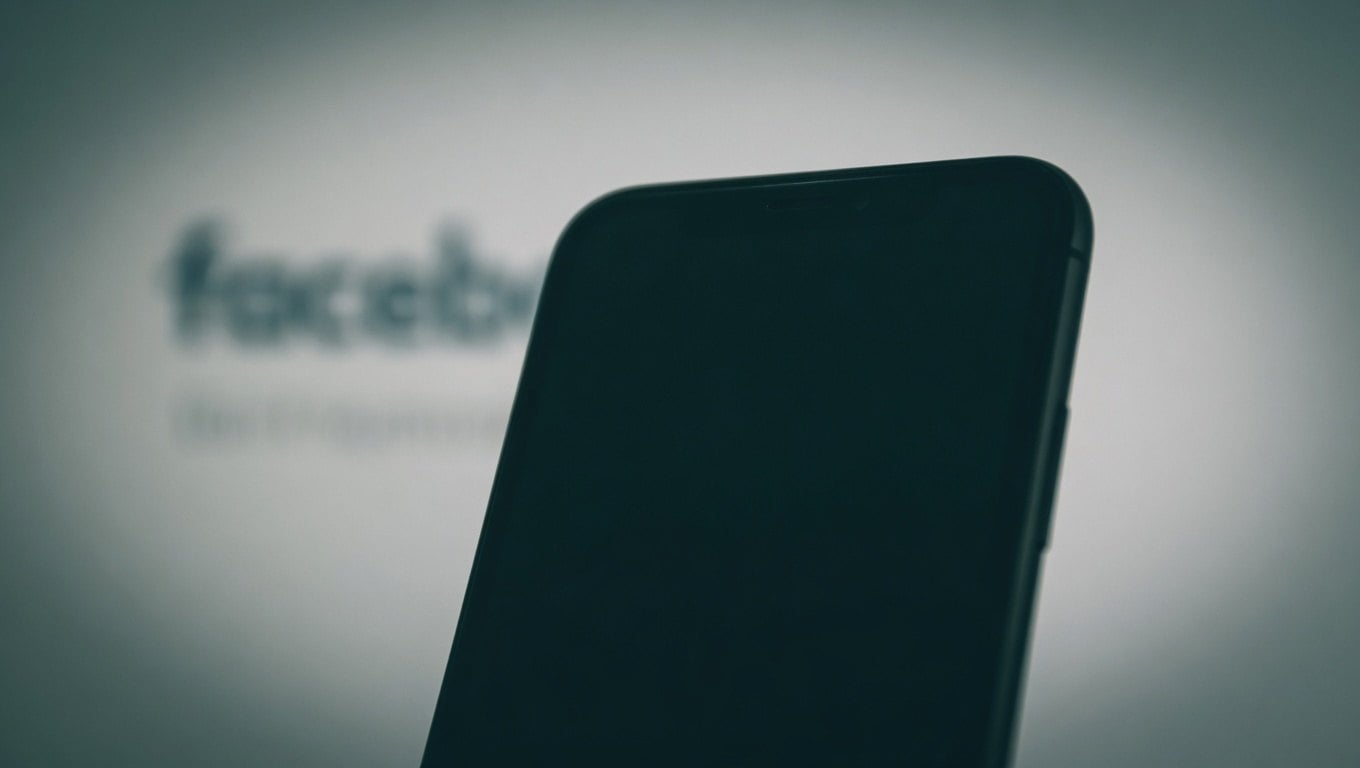 Find Social Media by Phone Number 1 A smartphone with a black screen in front of a blurry Facebook logo