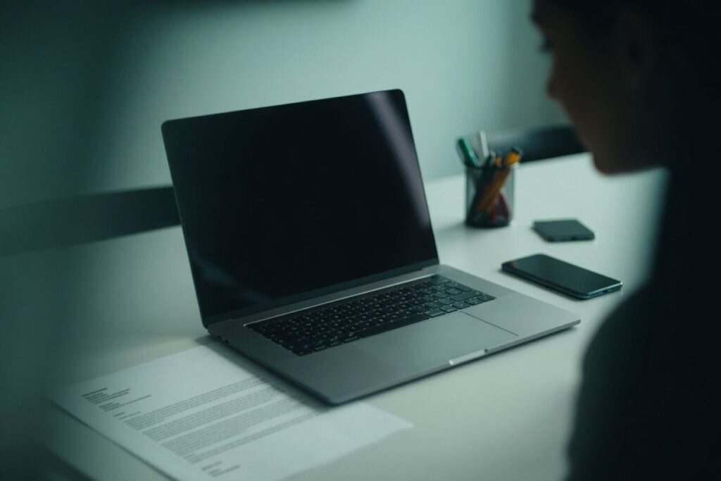 Person using a laptop at a desk, illustrating reverse email trace research.