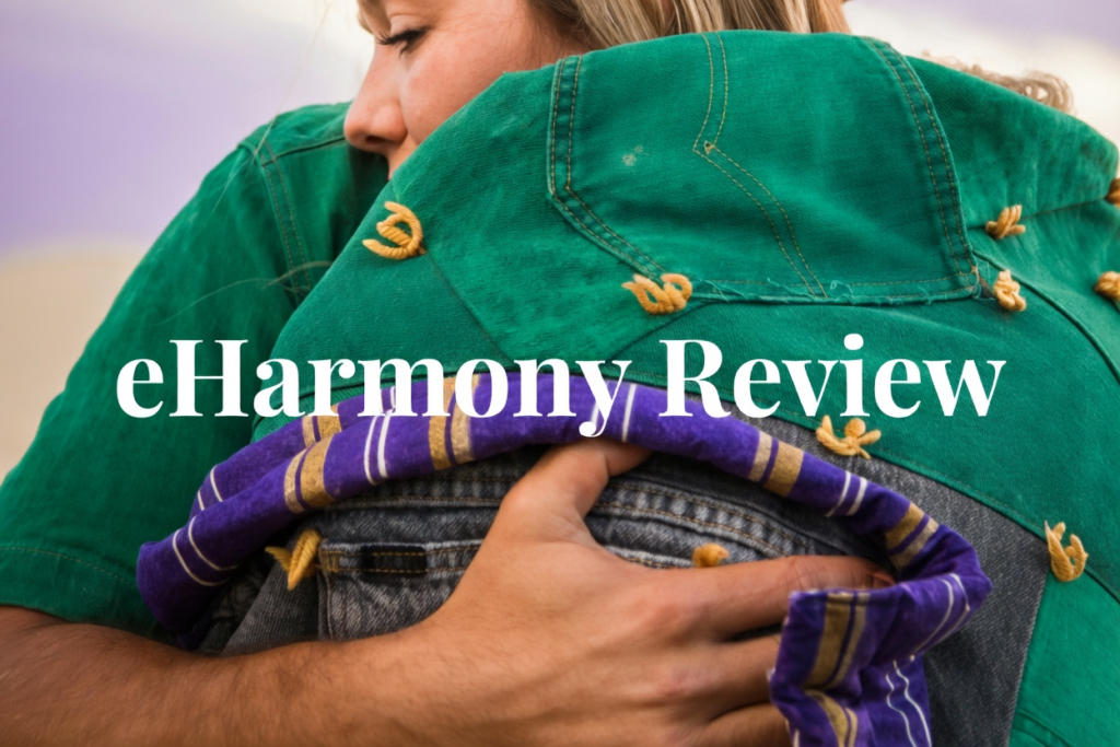 Two people embrace closely in an eharmony review image.