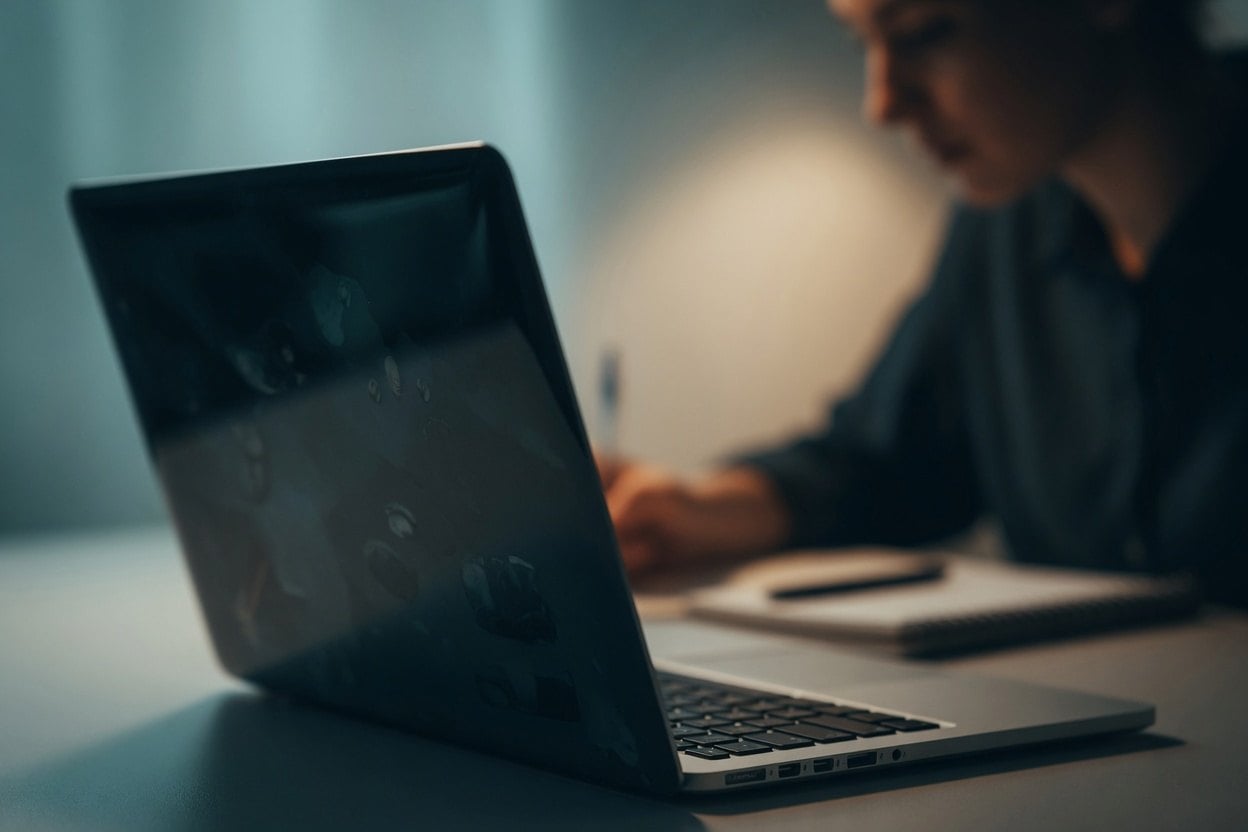 A person working on a laptop with a pen and notebook nearby