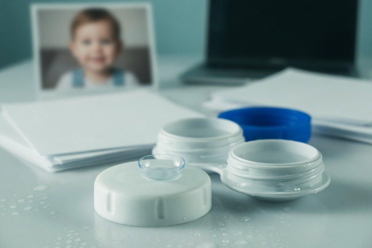 A pair of eyeglasses with a blue cap and a photo of a smiling child in the background.