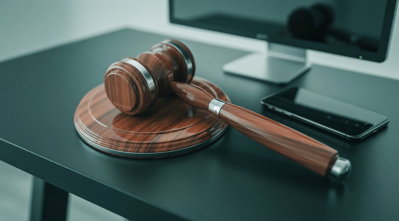 A wooden gavel rests on a wooden base on a desk, with a smartphone and computer monitor in the background.