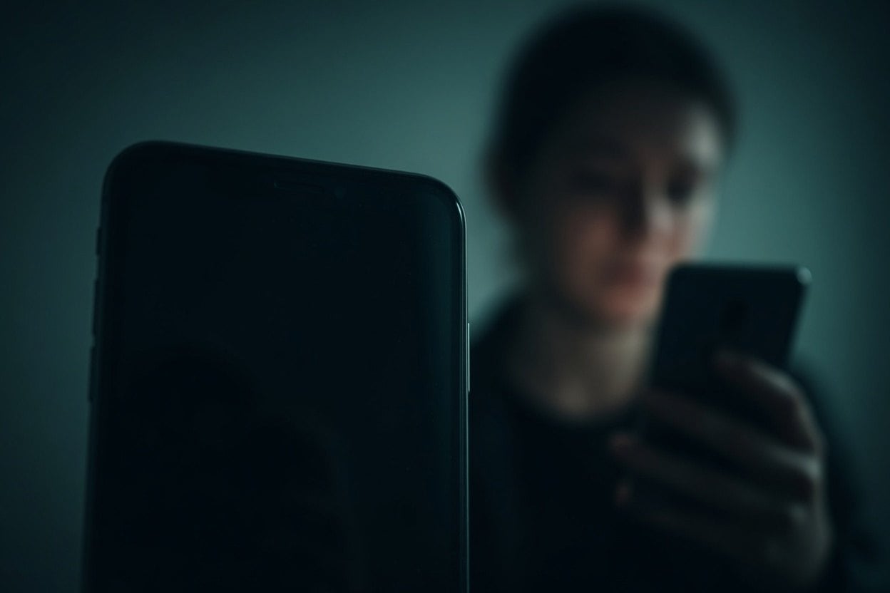 A woman holding a phone in a dimly lit room