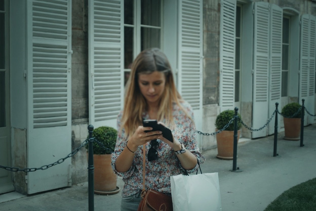 Social Media Reverse Email Search 2 A woman with long hair is looking at her phone while standing in front of a building with shutters.