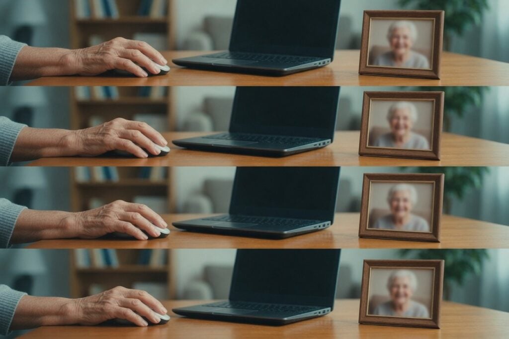 Hands near a laptop and framed portrait on a desk, eharmony for seniors.