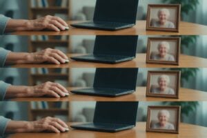 Hands near a laptop and framed portrait on a desk, eharmony for seniors.