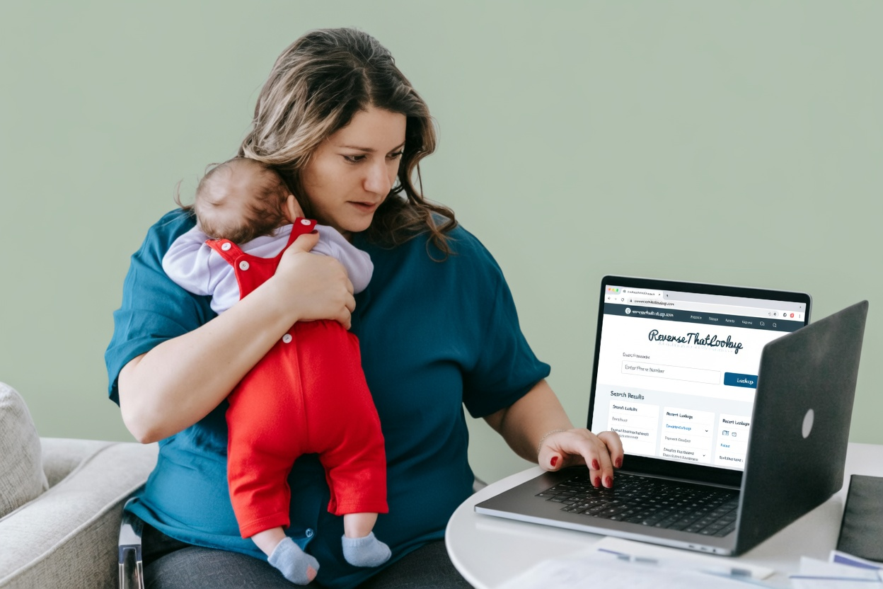 A woman holding a baby while using a laptop with a website open