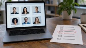 Find professional email address: A laptop screen displays a group of people for a professional video call.