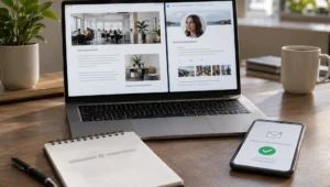 Best way to find email address: A laptop displays a website with a profile picture and contact information.