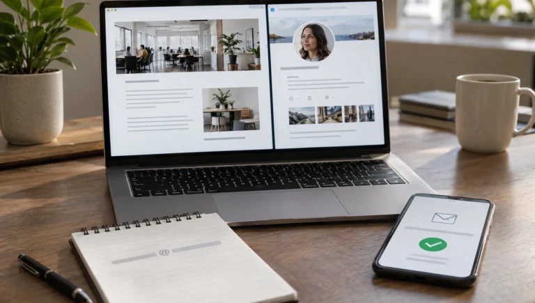 Best way to find email address: A laptop displays a website with a profile picture and contact information.
