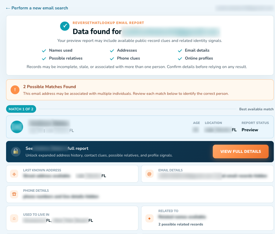 Best Ways to Find Someone's Email Address 4 Reverse Email Lookup preview report on Reverse That Lookup showing the matched owner, email details and linked records, personal details blurred